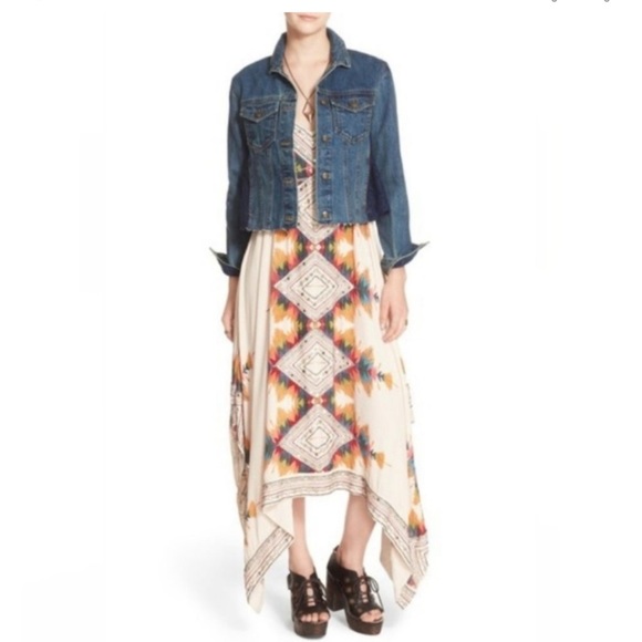 Free people Oversized Lace Paneled Denim Jacket Cropped Frayed Hem SZ Small Blue - Picture 2 of 15